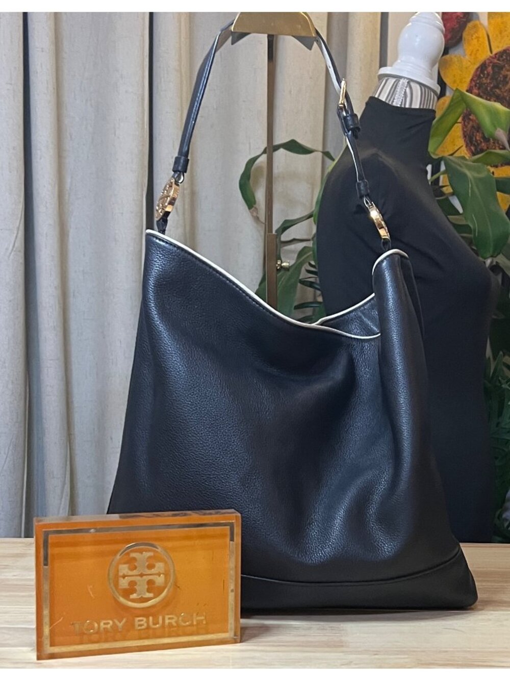 AUTHENTIC TORY BURCH Vintage Black Hobo with White Piping!  RARE!